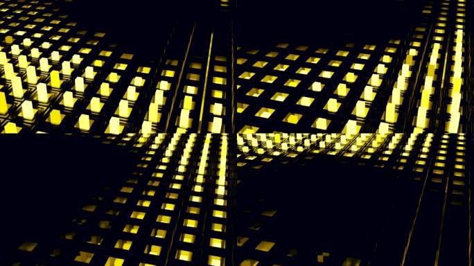 黄色灯光的矩形柱子的上下波浪状运动。设计。带有3D生长柱的方形孔的黑色表面。