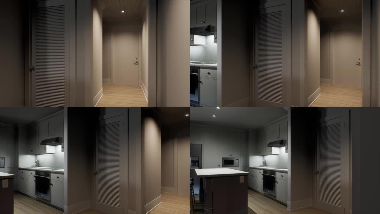 厨房内部的3D可视化动画。里面有新的空房子。