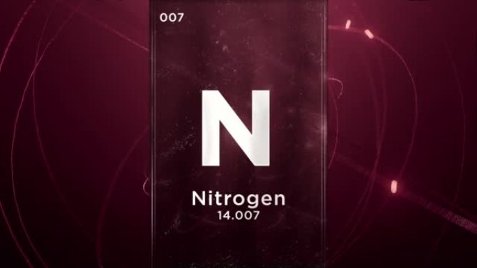 元素周期表的氮 (N) 符号化学元素，原子设计背景上的3D动画