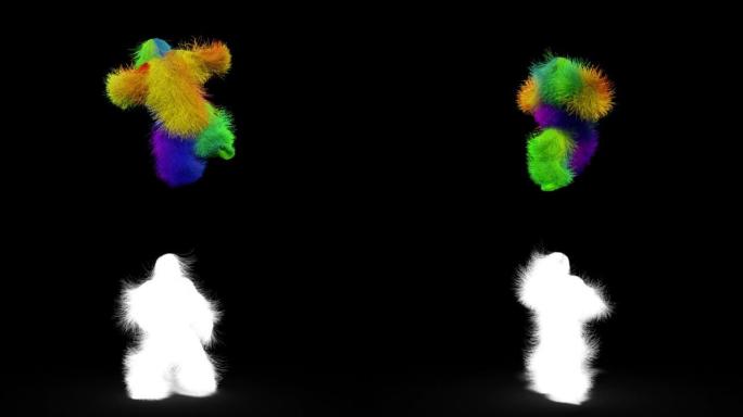 有趣的多毛五彩怪物人物跳舞。毛茸茸的野兽有舞蹈，毛皮明亮有趣蓬松的角色，雪人，无缝的运动设计。阿尔法