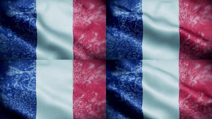 4K暴风雪/雪在法国国旗股票视频。冷淡的法国国旗。旋转/旋转的冰晶。雪花掠过法国国旗。