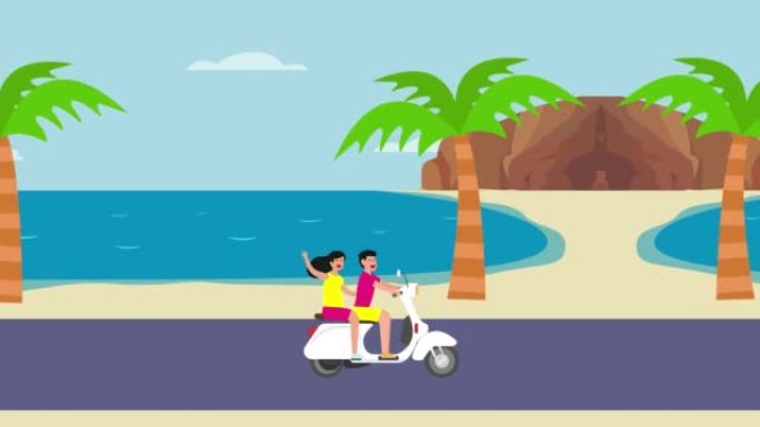 幸福的夫妇一起在海滩上骑踏板车