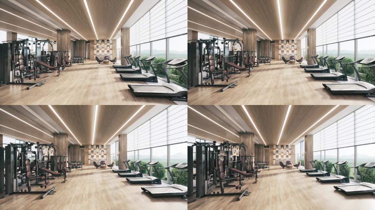 健身房配有各种健身器材。三维可视化