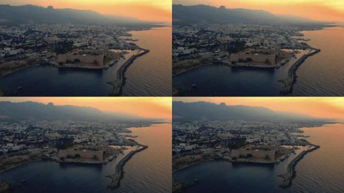 北塞浦路斯kyreina鸟瞰图4k股票视频的美丽日落