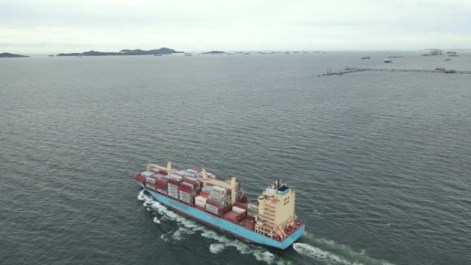 Aerial Shot Of Container Ship In Ocean, Flying Ove
