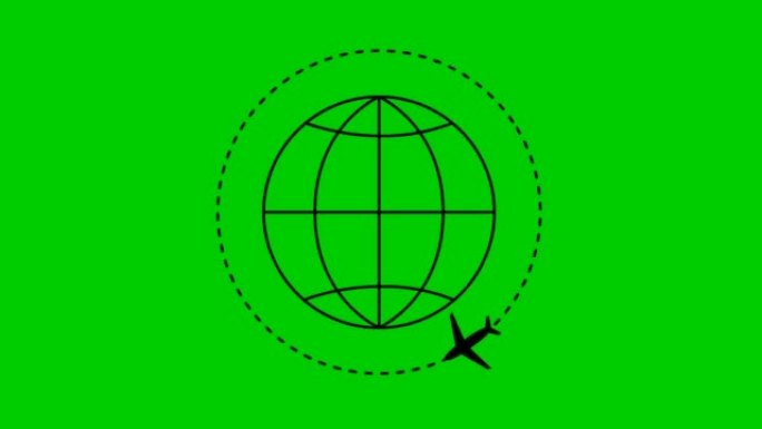 动画黑色飞机沿着轨迹飞行。地球周围有平面。飞机旅行的概念。环游世界。循环视频。线性符号。孤立在绿色背