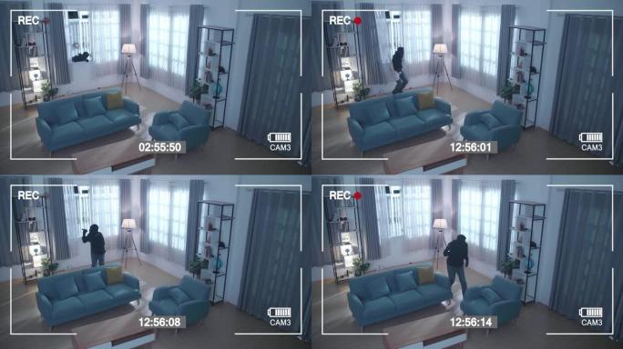 监视器的屏幕记录了一个小偷拿着手电筒打开窗户并在走路前进入某人的房子