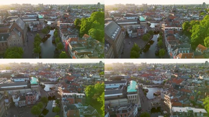 荷兰莱顿市中心建筑城市河流空镜头