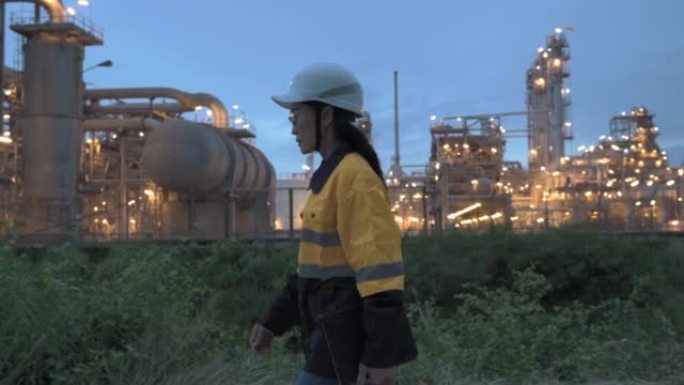 亚洲女性检查工程师在夜间与石油工厂和天然气精炼厂行业的笔记本电脑合作，以进行检查员安全质量控制。