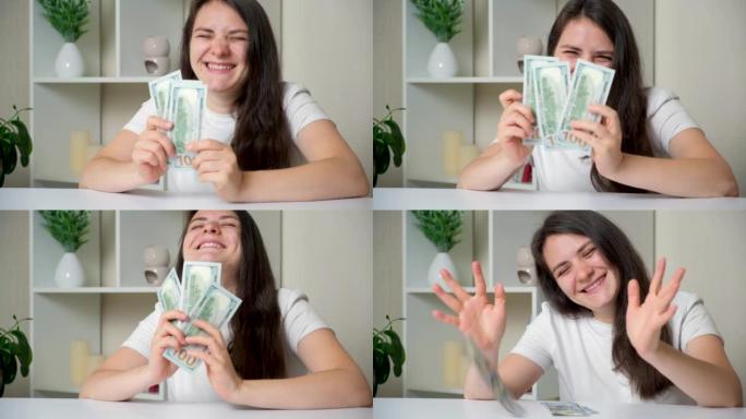 一个30岁的美女数着一百美元的钞票，欢欣鼓舞。