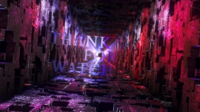 4K 3D的感谢您观看带有耀斑技术隧道抽象背景的单词电影粉红色黑暗隧道未来技术风格。