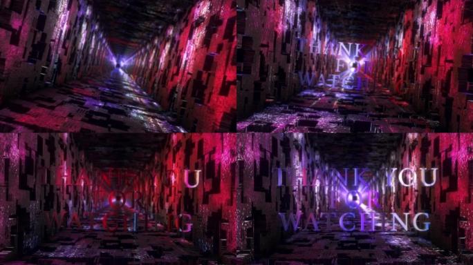4K 3D的感谢您观看带有耀斑技术隧道抽象背景的单词电影粉红色黑暗隧道未来技术风格。