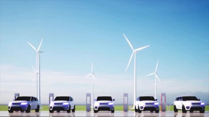 风力涡轮机能源。电动汽车充电站技术可持续性概念。