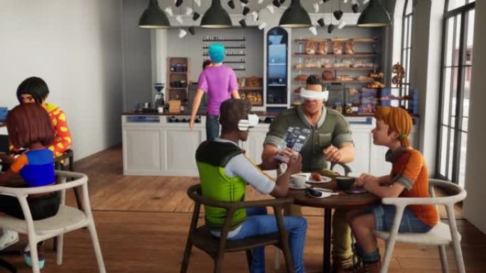 虚拟现实metaverse咖啡店里的人物头像。3d渲染