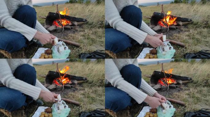 女孩正在旷野上烧土豆和乌克兰Salo (脂肪)