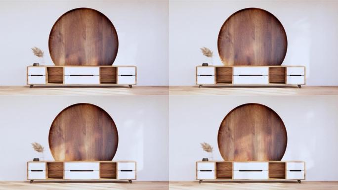 客厅禅宗风格空墙背景上的橱柜木制日本设计。3d渲染