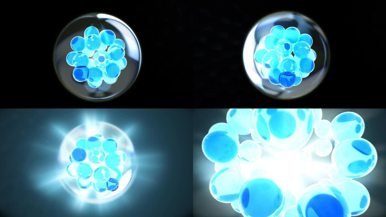 3D动画护肤维生素胶原蛋白。原子分子飞入精华霜软球透明背景。