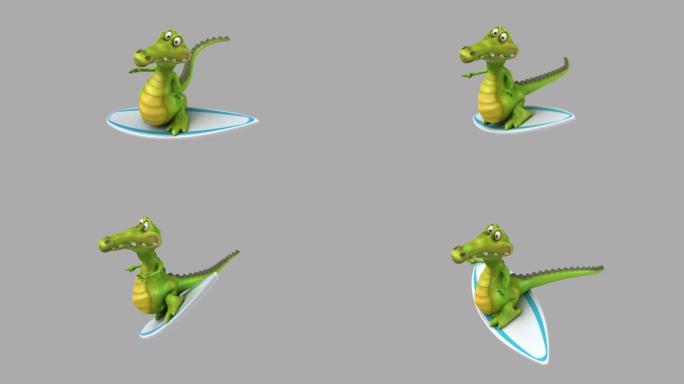 有趣的3D卡通鳄鱼冲浪与阿尔法频道