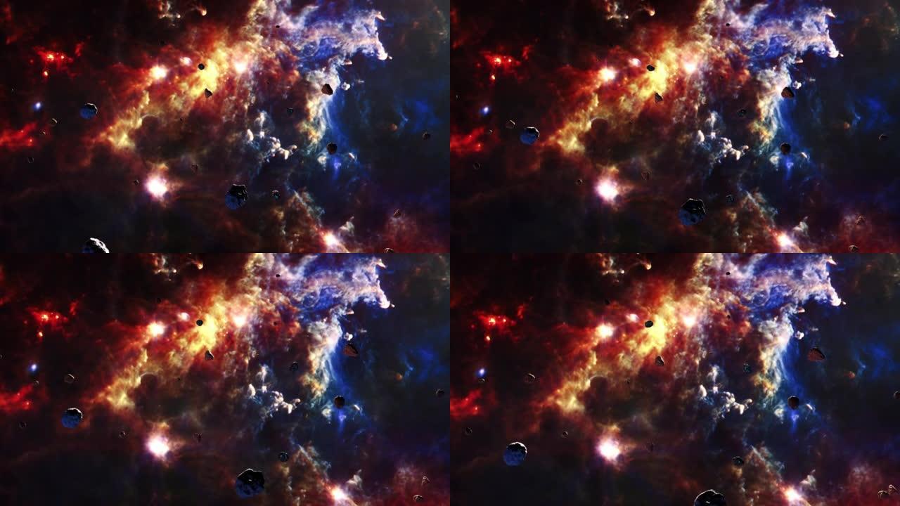 银河太空飞行探索罗塞特涅布拉的太空岩石。4k循环动画，飞越发光的星云，云和星星场。