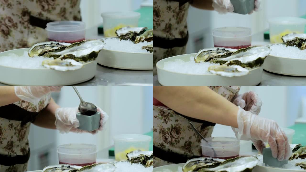 提供新鲜牡蛎和柠檬作为冰上小吃的特写镜头