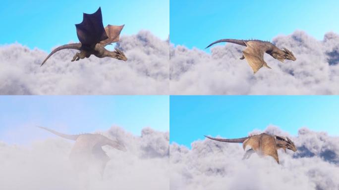 壮丽的龙在云层上方的天空中飞翔。CGI动画3d渲染