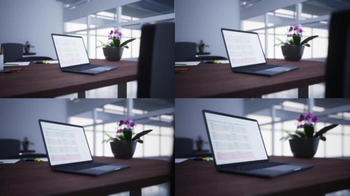 创意设计师办公桌，配有空笔记本电脑屏幕和现代办公室用品。模拟，3D渲染