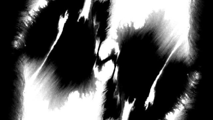 墨水飞溅抽象覆盖屏幕上的垃圾和胶片颗粒黑色油漆条纹罗夏镜面效果