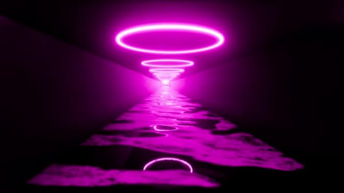 霓虹灯隧道粉色圆形灯技术明亮现代房间4k