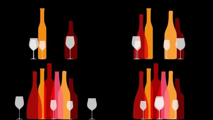 葡萄酒餐厅菜单设计，配有欢快多彩的酒杯瓶。酒单的黑色背景。动画插图