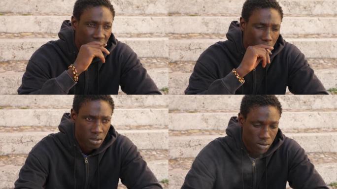 年轻的非洲男子在楼梯上抽手工香烟: 沉思的黑人吸烟