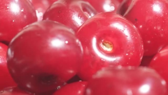 超级微距视频，多汁鲜红樱桃，新鲜美味浆果，背景水果