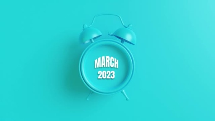 蓝色闹钟与3月2023日日历在蓝色背景4k分辨率
