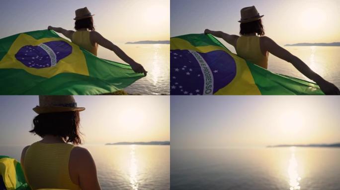 海边挂巴西国旗的女人