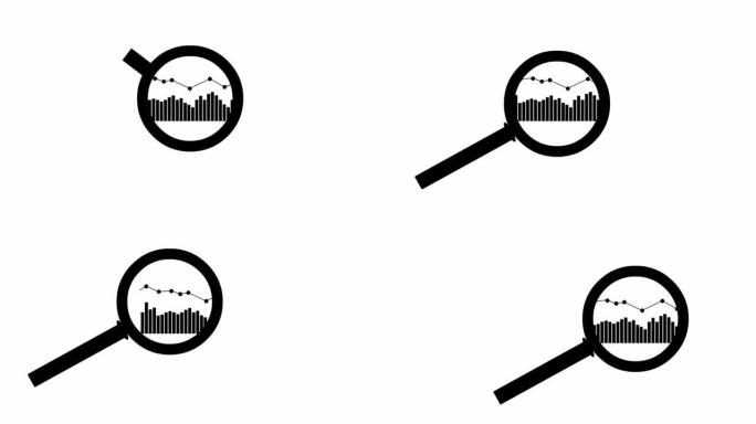放大镜的动画黑色图标。数据图。放大镜的象征。分析的概念。循环视频。矢量插图孤立在白色背景上。