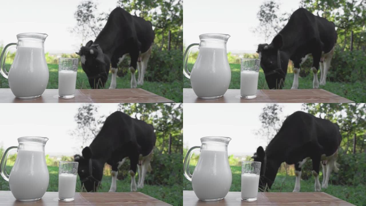 背景是奶牛的木桌上的玻璃瓶和玻璃杯中的新鲜牛奶。乡村的天然自制饮料。农场天然产品。由乳制品制成的美味
