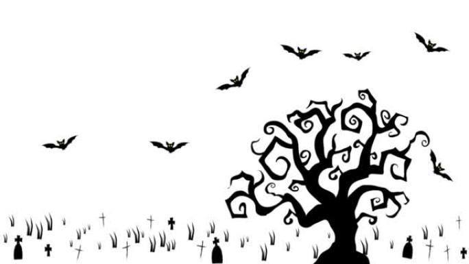 黑色蝙蝠从墓地的一棵树上飞走的恐怖动画，万圣节的概念