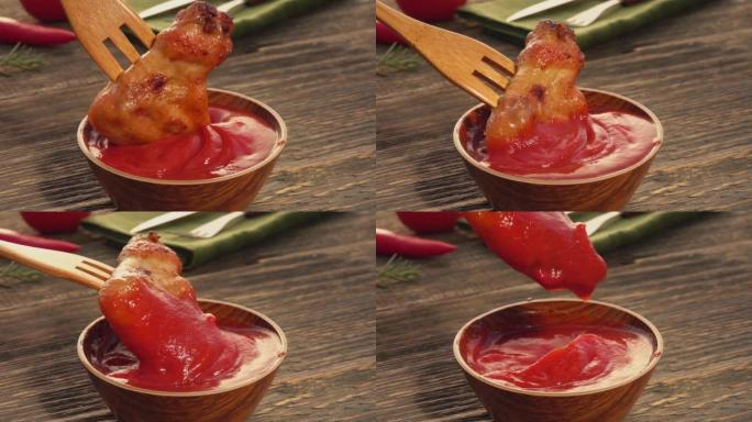 木叉的特写镜头将烤鸡翅浸入番茄酱中