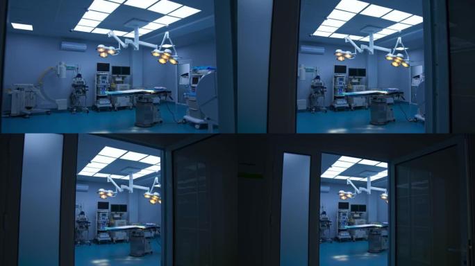 通过玻璃门离开现代手术室。现代医院拥有先进设备的最新手术室。