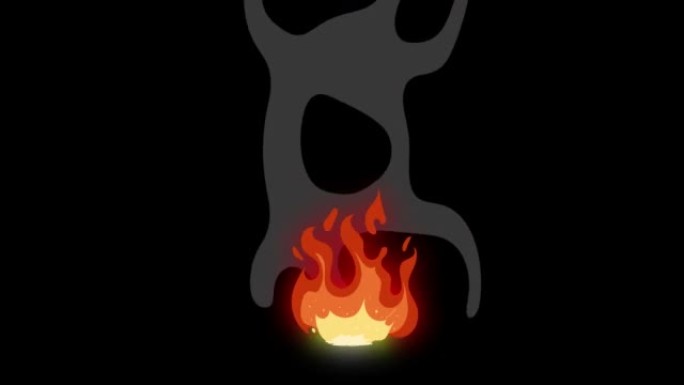 黑色屏幕上冒烟燃烧的篝火动画。