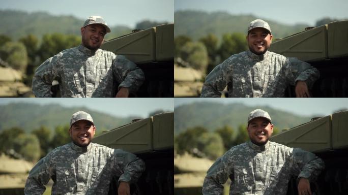 身着军装的快乐男子站在特种部队士兵面前执行外勤任务。在战争状态下，身着军装的军队守卫者站在主战坦克旁