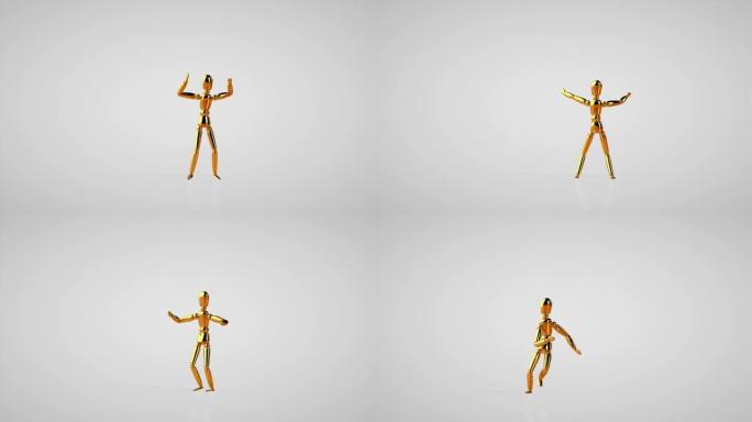 有趣的金色人体模型舞蹈莎莎，无缝循环，白色工作室