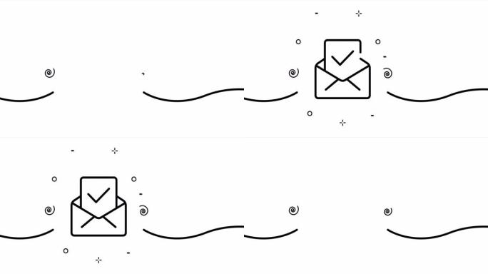 带对勾的字母。信封，批准，确认，身份验证，文件。商业概念。一个线条画动画。运动设计。动画技术标志。视