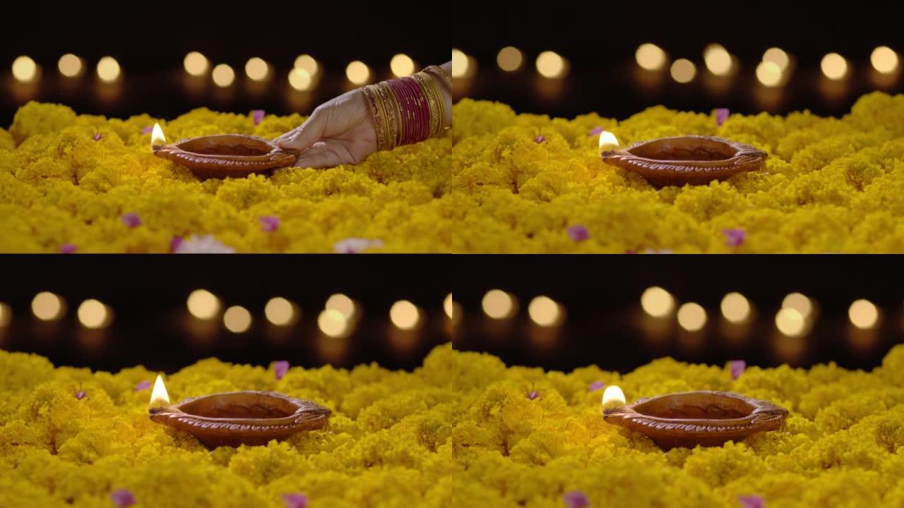 diya灯在排灯节庆祝活动中点亮，排灯节或Deepavali是印度最大，最重要的节日。