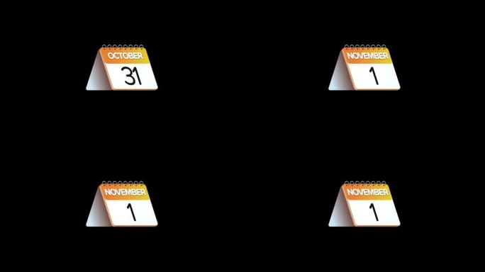 纸质日历将页面从10月31日到11月1日动画。4K