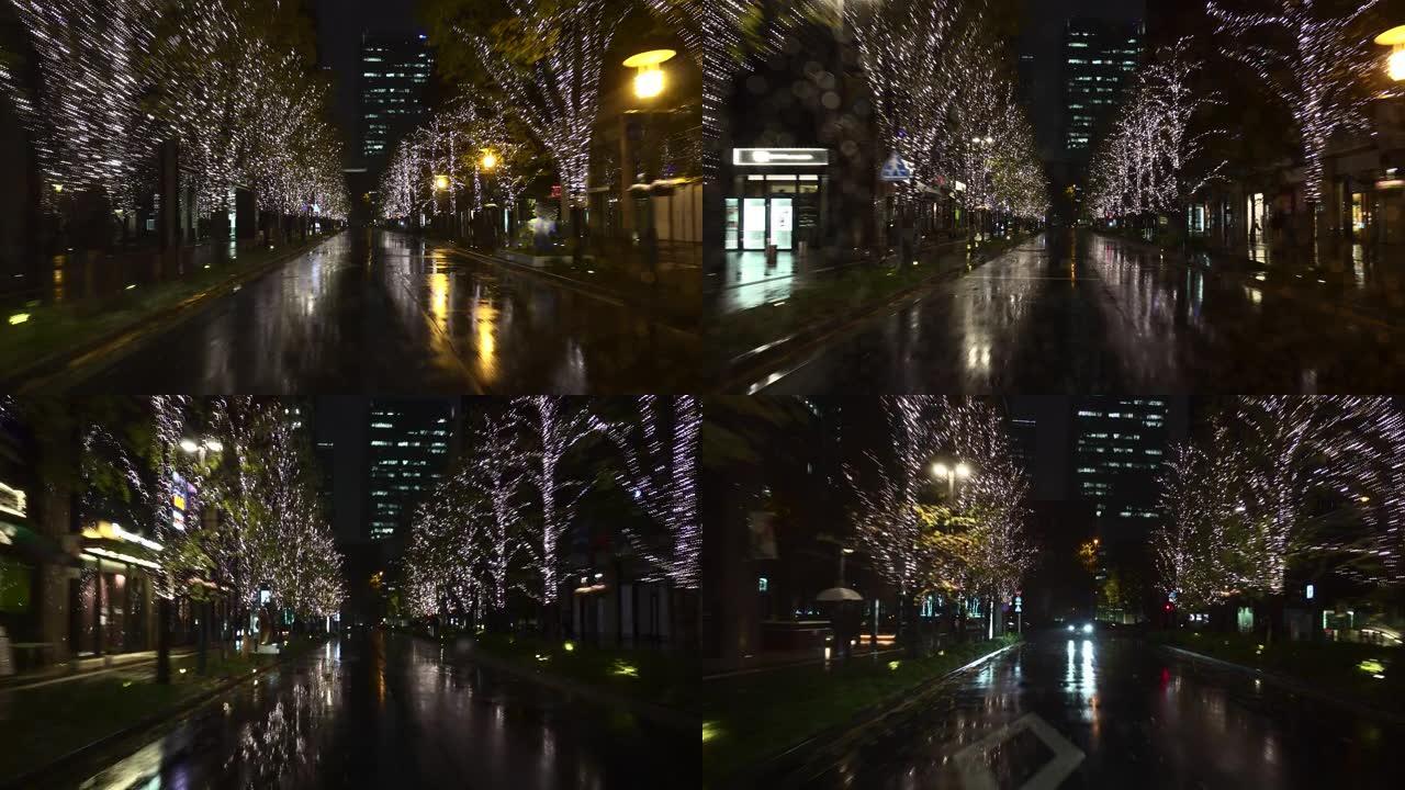 在雨夜开车。东京丸之内圣诞照明