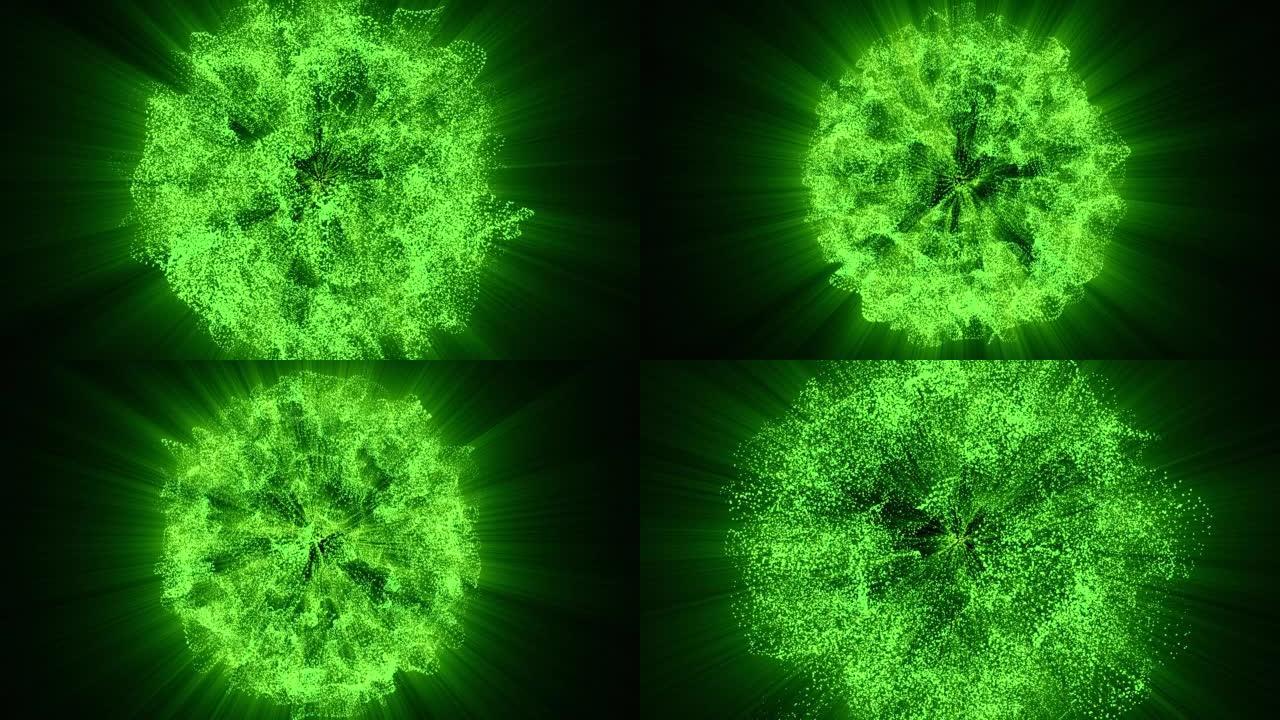 抽象动画运动设计，具有异常美丽的明亮发光爆炸的小颗粒球的绿色球的恒星，在空间背景中高分辨率4k