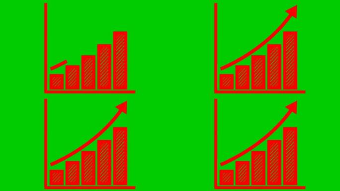 带有趋势线图的动画财务增长图。红色符号经济增长条形图循环视频。矢量插图孤立在绿色背景上。