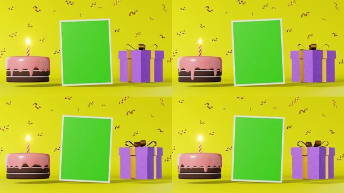 巧克力蛋糕粉色糖霜蜡烛色度关键框架紫色礼品盒模型3d循环动画黄色背景。甜蜜甜点周年庆典海报。生日快乐