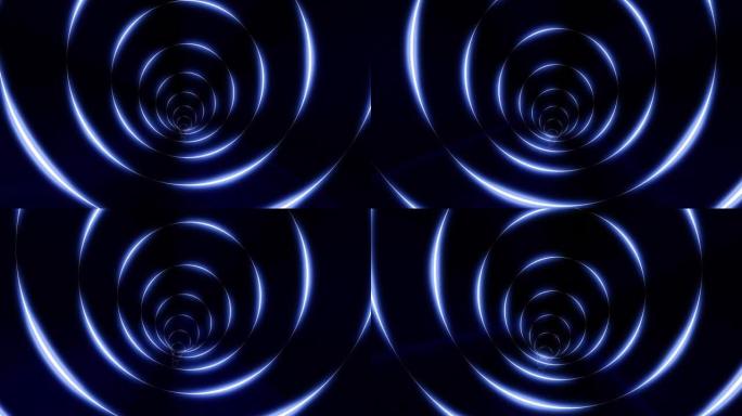圆形隧道和蓝色发光明亮的霓虹灯环。摘要背景。屏幕保护程序，高质量4k视频