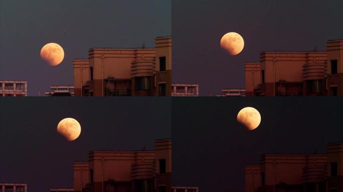 从傍晚到晚上，黄色超级月亮在天空中移动的4k延时镜头，居民楼的前景，月食延时视频。